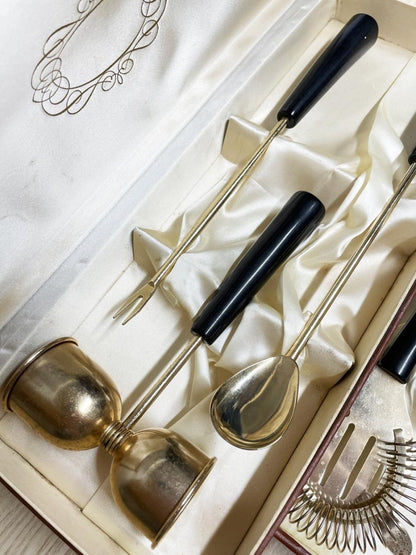 vintage mid - century bakelite gold - tone 5 - piece bartender set | leather box - good market thrift store