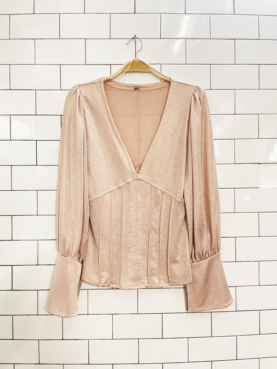 free people shimmery champagne balloon sleeve top - good market thrift store