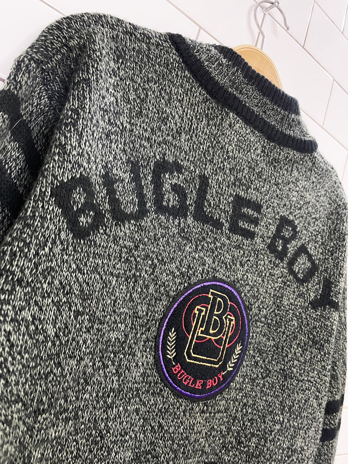 vintage 90s bugle boy university patch v-neck sporty prep cardigan