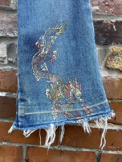 y2k santa barbara dragon flare leg jeans