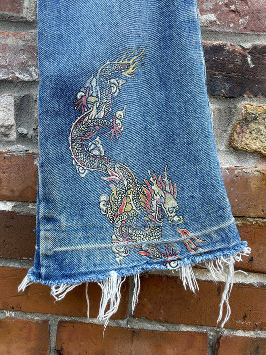 y2k santa barbara dragon flare leg jeans