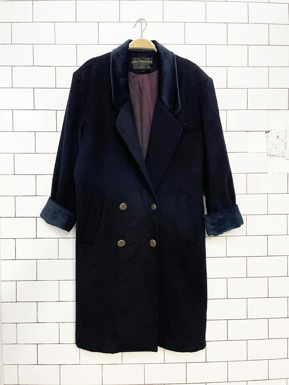 vintage david benjamin 100% wool velvet collar double breasted coat