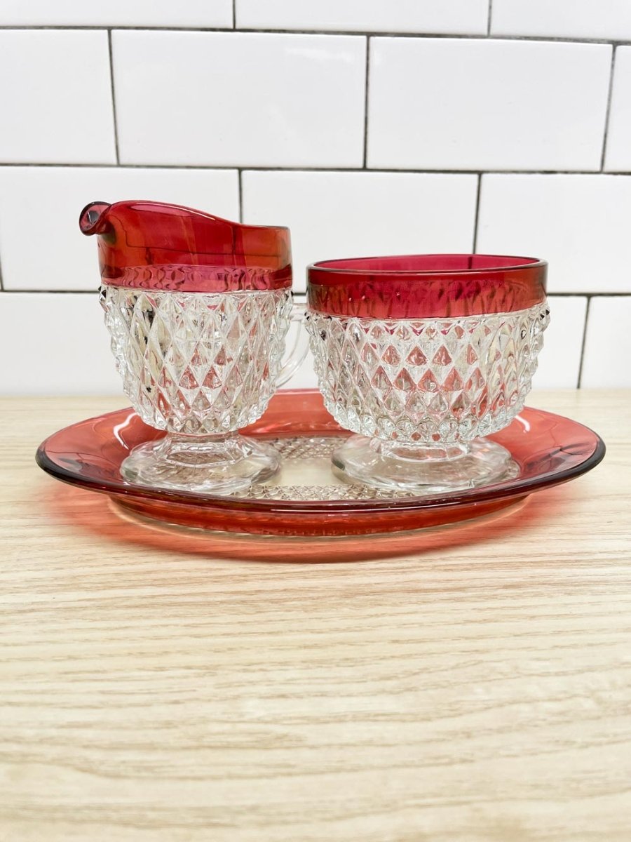 vintage 70s indiana glass depression sugar bowl + creamer set w plate - good market thrift store