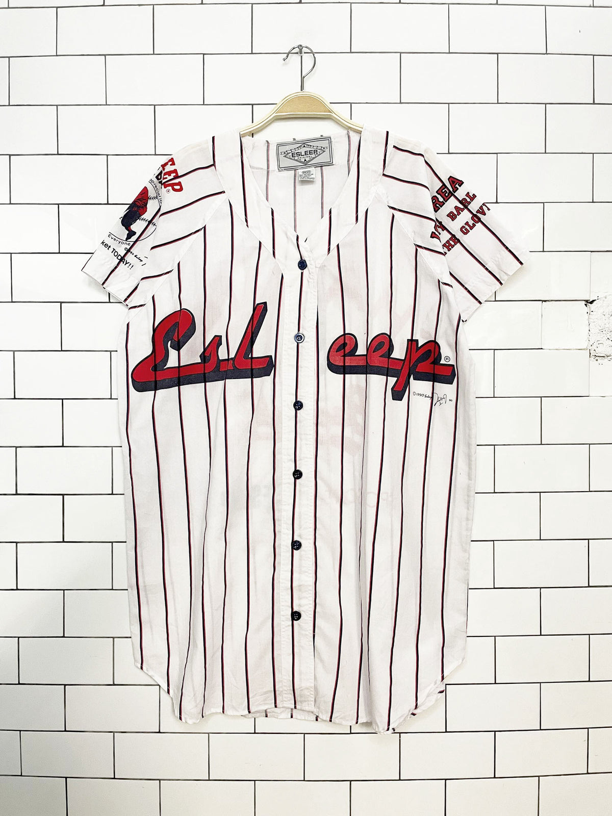 vintage 90s esleep baseball stripe full button lightweight night shirt