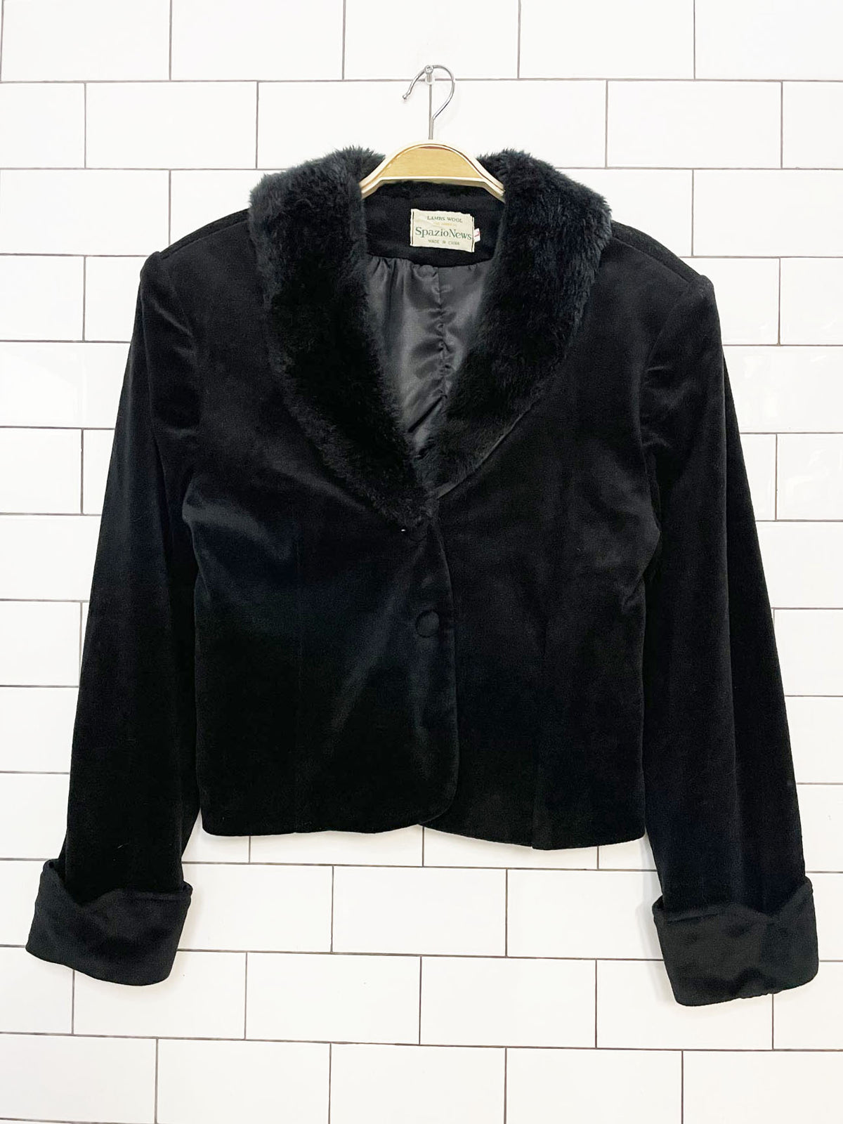 vintage spazio news lambswool sherpa collar cropped velvet jacket