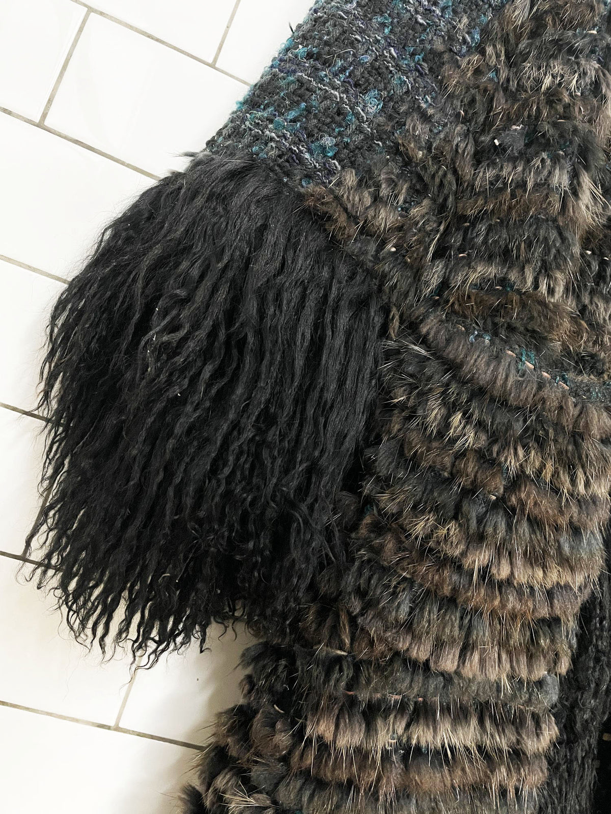 vintage hand-knit rabbit fur + mongolian sheepskin trim boho shag open duster coat