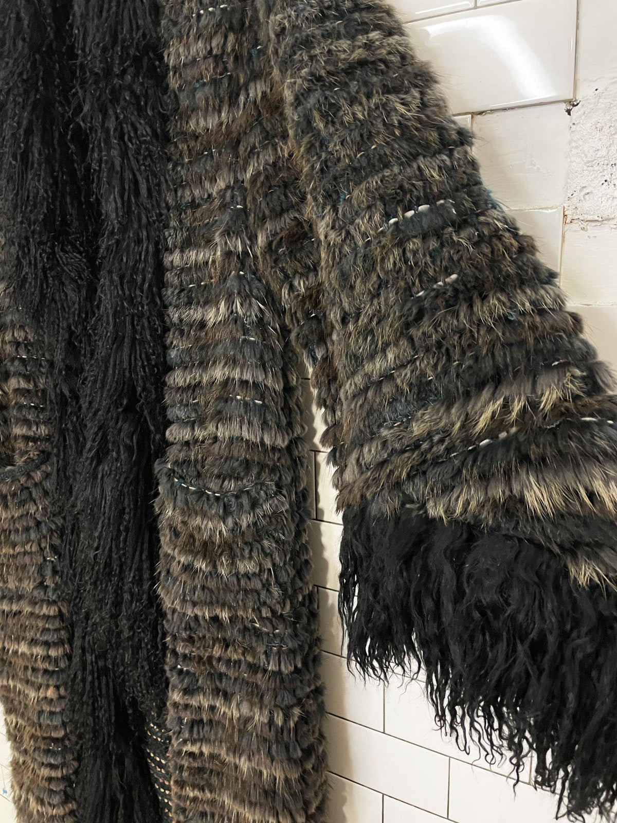 vintage hand-knit rabbit fur + mongolian sheepskin trim boho shag open duster coat