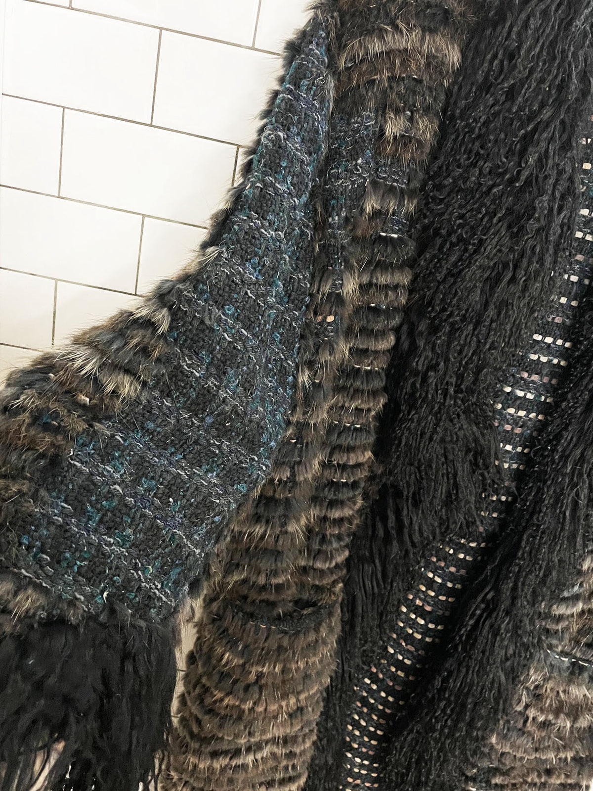 vintage hand-knit rabbit fur + mongolian sheepskin trim boho shag open duster coat