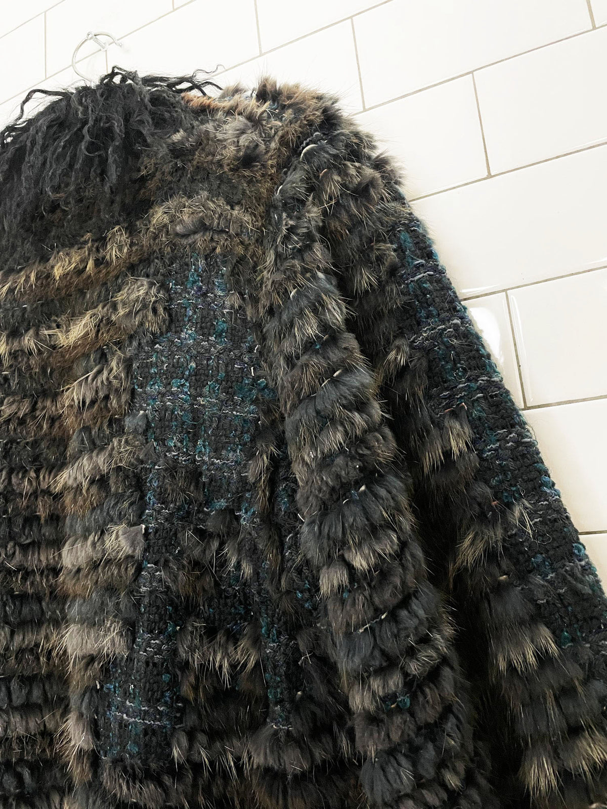 vintage hand-knit rabbit fur + mongolian sheepskin trim boho shag open duster coat