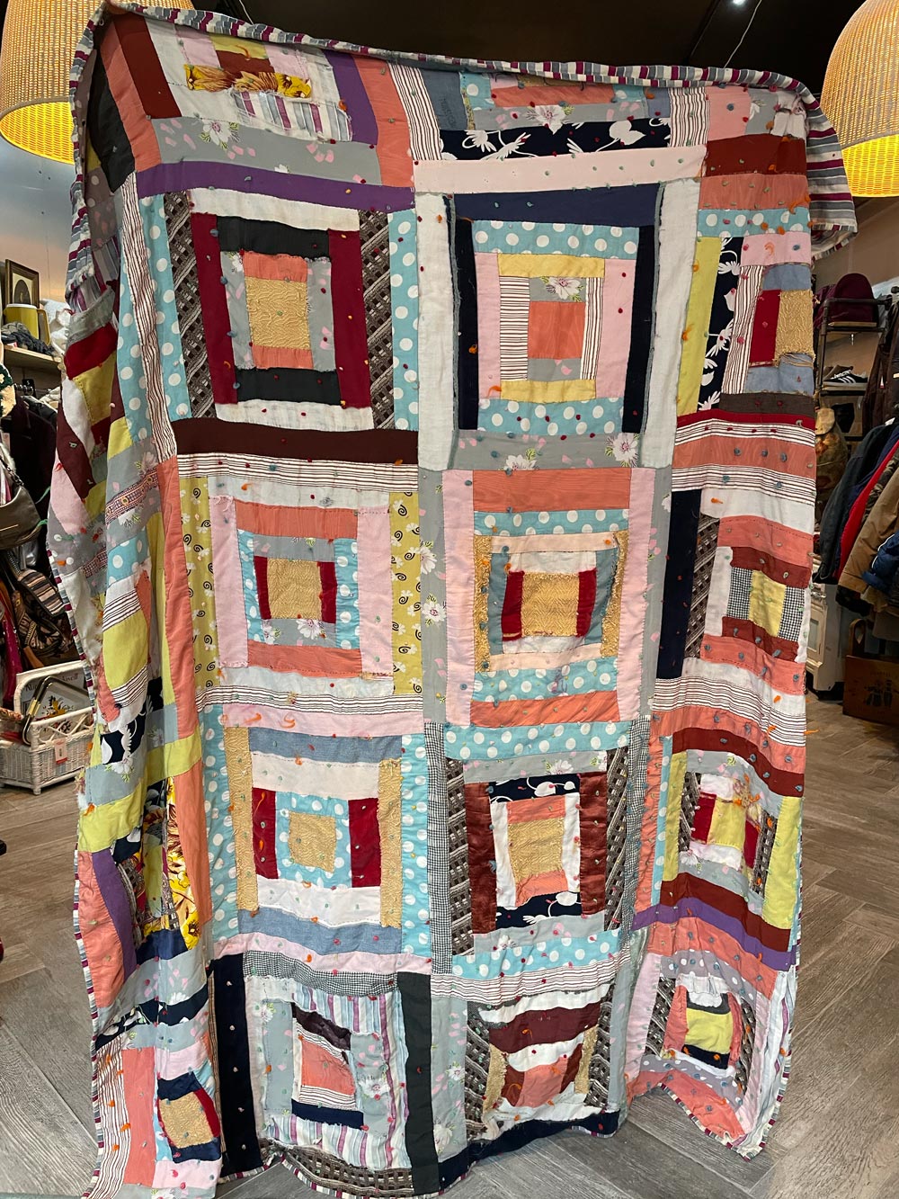 vintage boho handmade patchwork quilt w silk + velvet