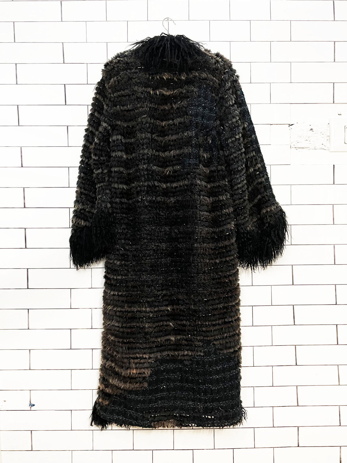 vintage hand-knit rabbit fur + mongolian sheepskin trim boho shag open duster coat