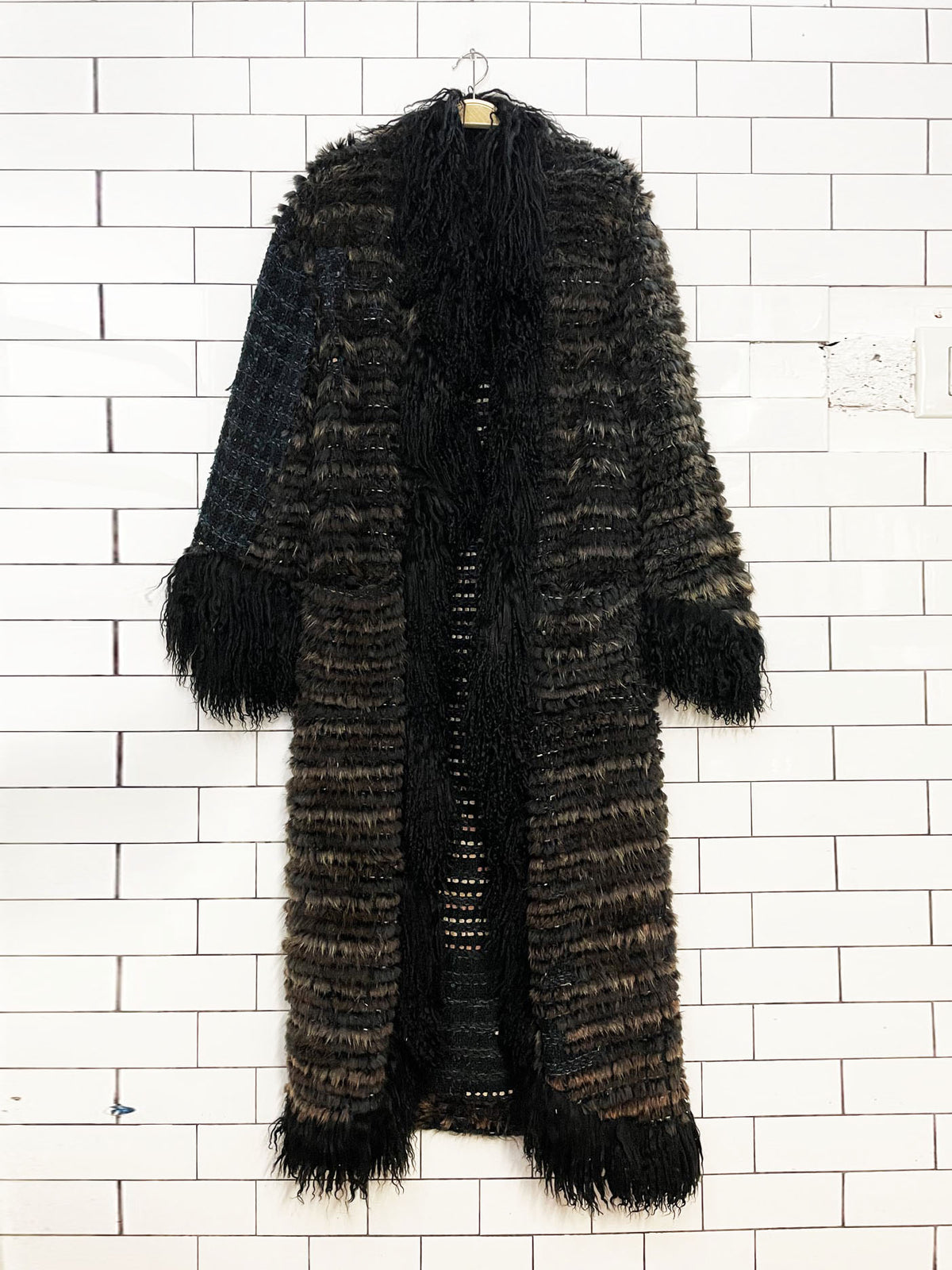 vintage hand-knit rabbit fur + mongolian sheepskin trim boho shag open duster coat