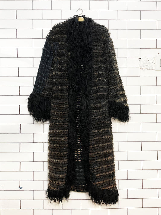 vintage hand-knit rabbit fur + mongolian sheepskin trim boho shag open duster coat