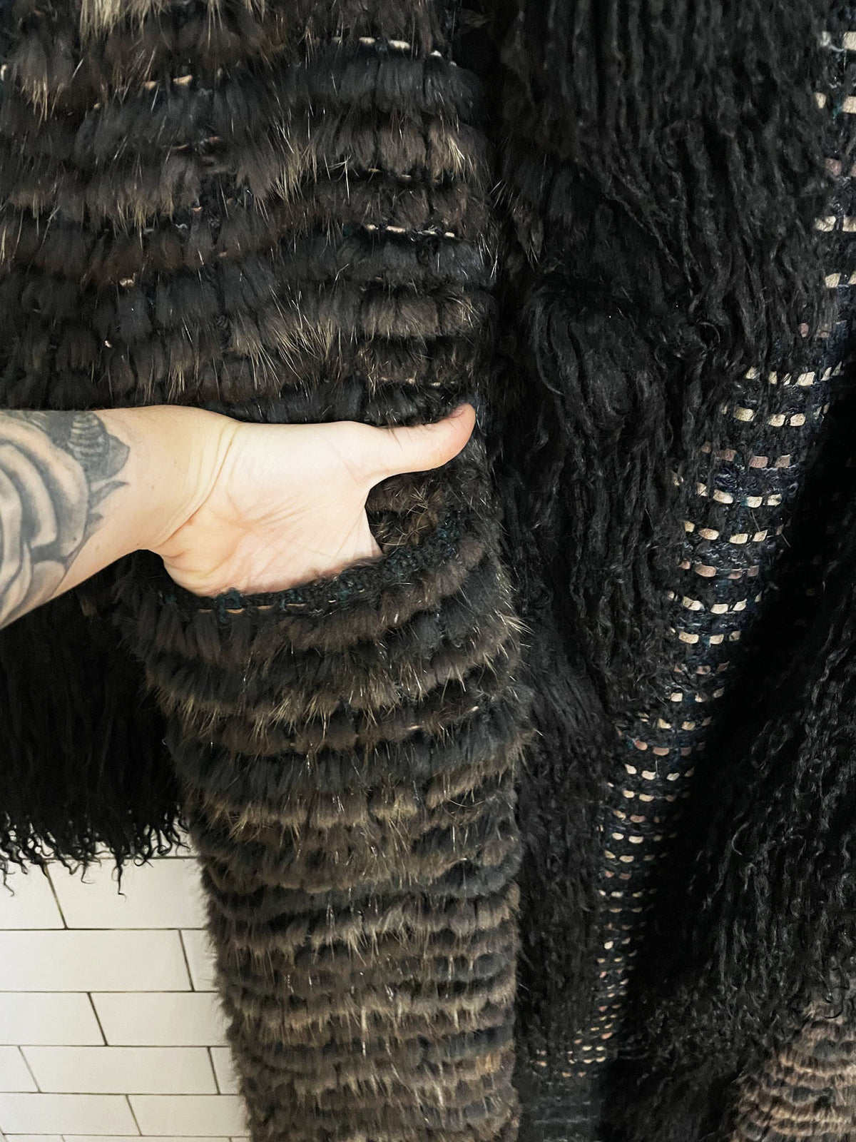 vintage hand-knit rabbit fur + mongolian sheepskin trim boho shag open duster coat