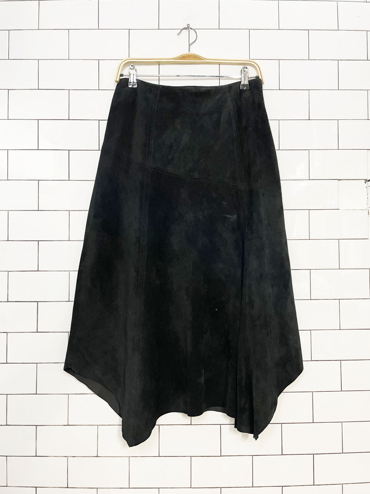 vintage 00s ie petite lamb suede asymmetrical midi skirt | shark bite hem
