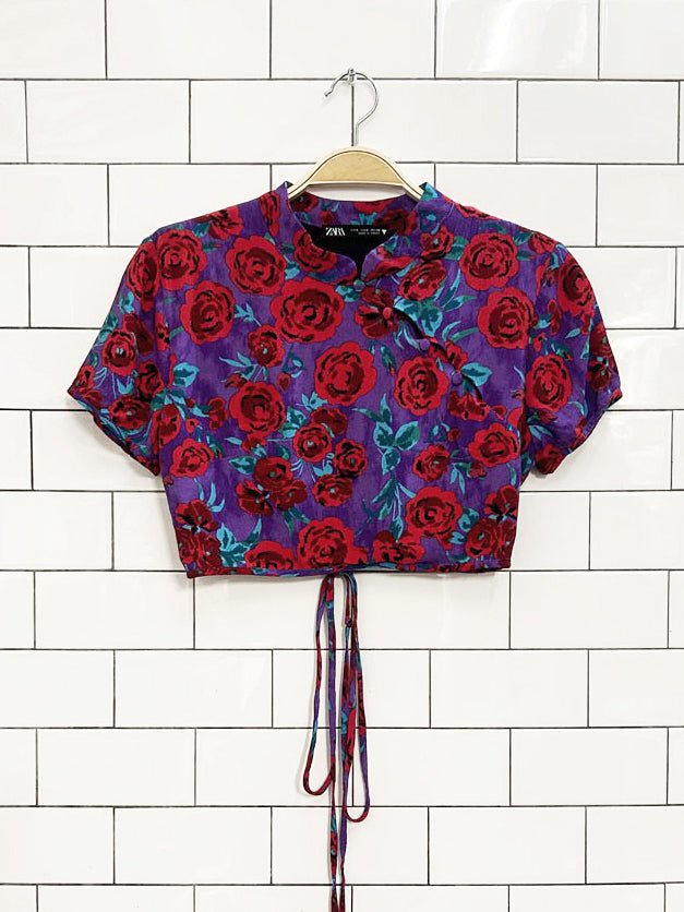 zara floral open back crop top with wrap around string - good market thrift store