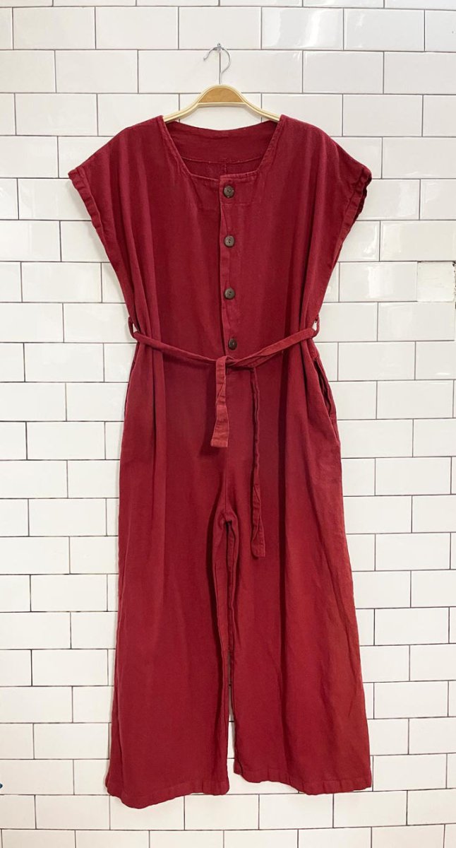 boho textured cotton belted 1/2 button wide leg jumpsuit - good market thrift store