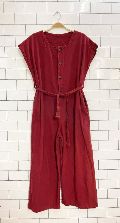 boho textured cotton belted 1/2 button wide leg jumpsuit - good market thrift store