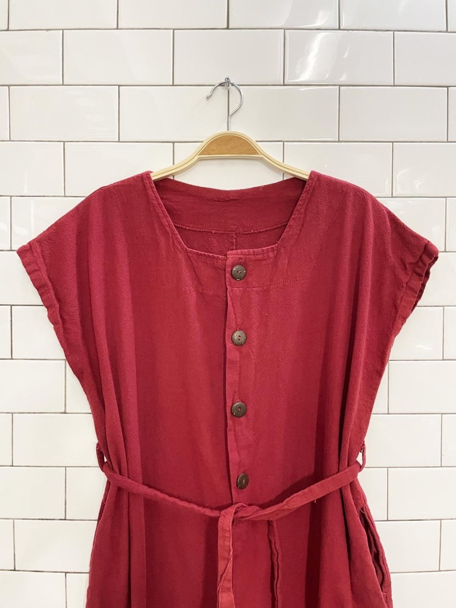boho textured cotton belted 1/2 button wide leg jumpsuit - good market thrift store