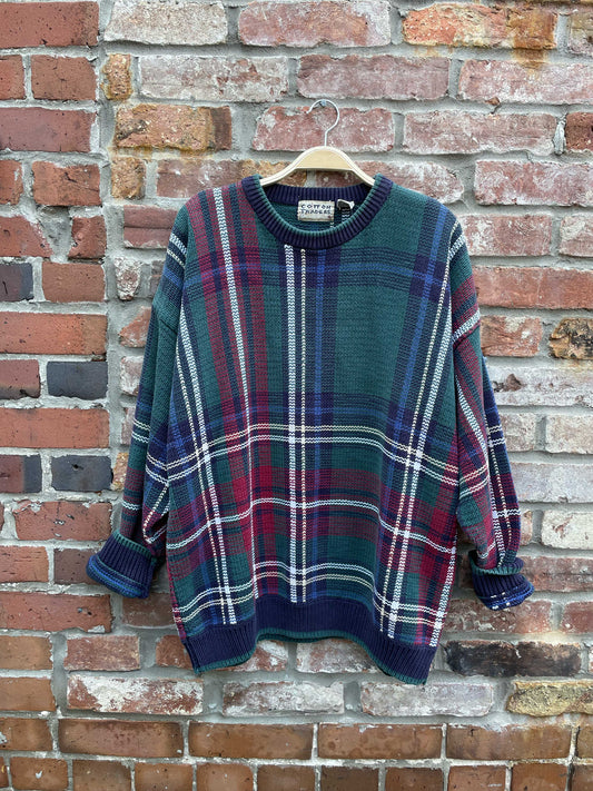 vintage cotton traders plaid cottage knit crew