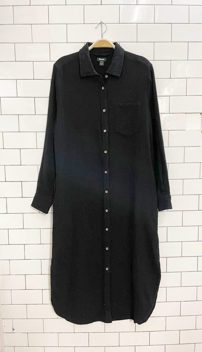 roots 2024 isla gauze cotton shirt maxi dress - good market thrift store
