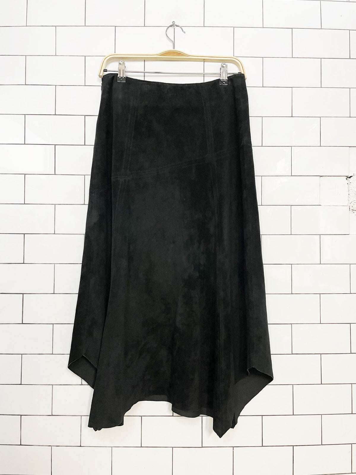vintage 00s ie petite lamb suede asymmetrical midi skirt | shark bite hem