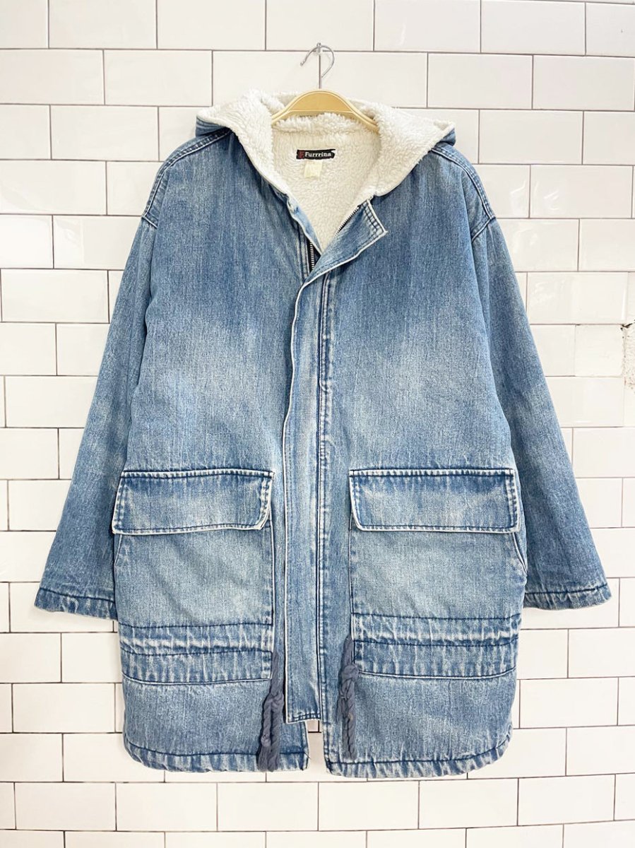 vintage 90s bebe furrrina ltd. sherpa lined hooded denim parka - good market thrift store
