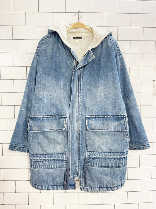 vintage 90s bebe furrrina ltd. sherpa lined hooded denim parka - good market thrift store
