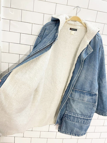 vintage 90s bebe furrrina ltd. sherpa lined hooded denim parka - good market thrift store
