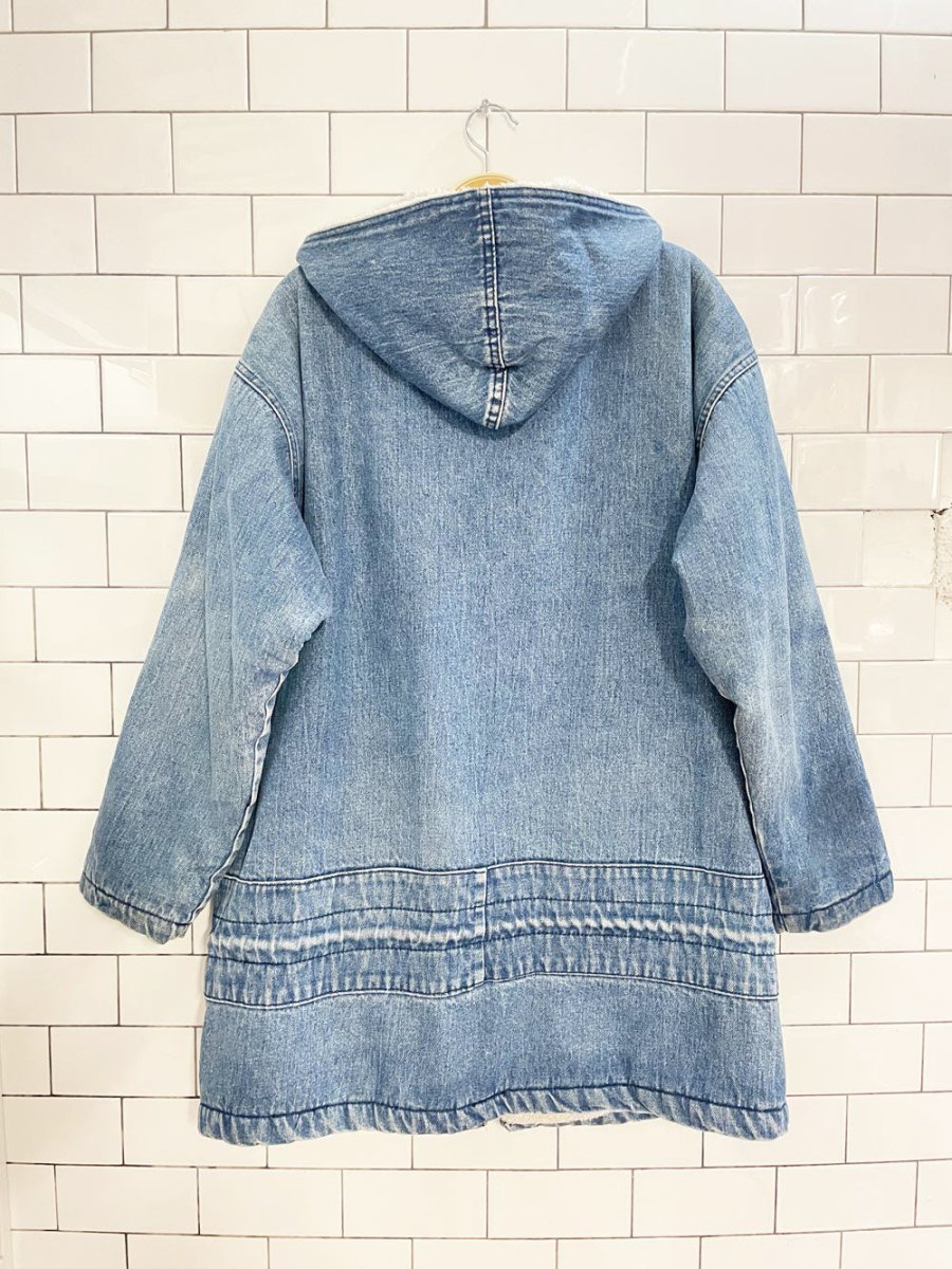 vintage 90s bebe furrrina ltd. sherpa lined hooded denim parka - good market thrift store