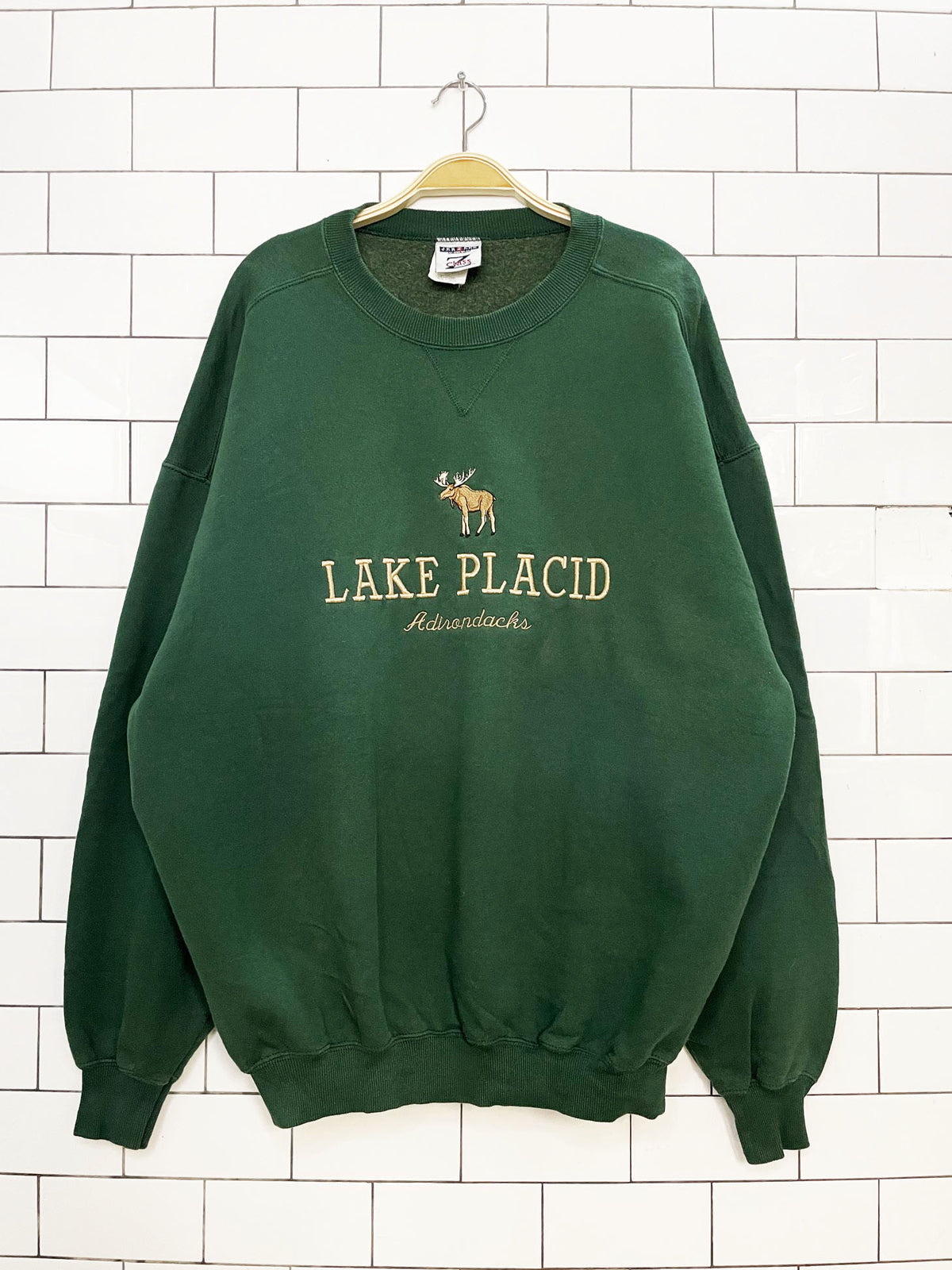vintage 90s lake placid embroidered spell out moose sweatshirt | jerzees z class