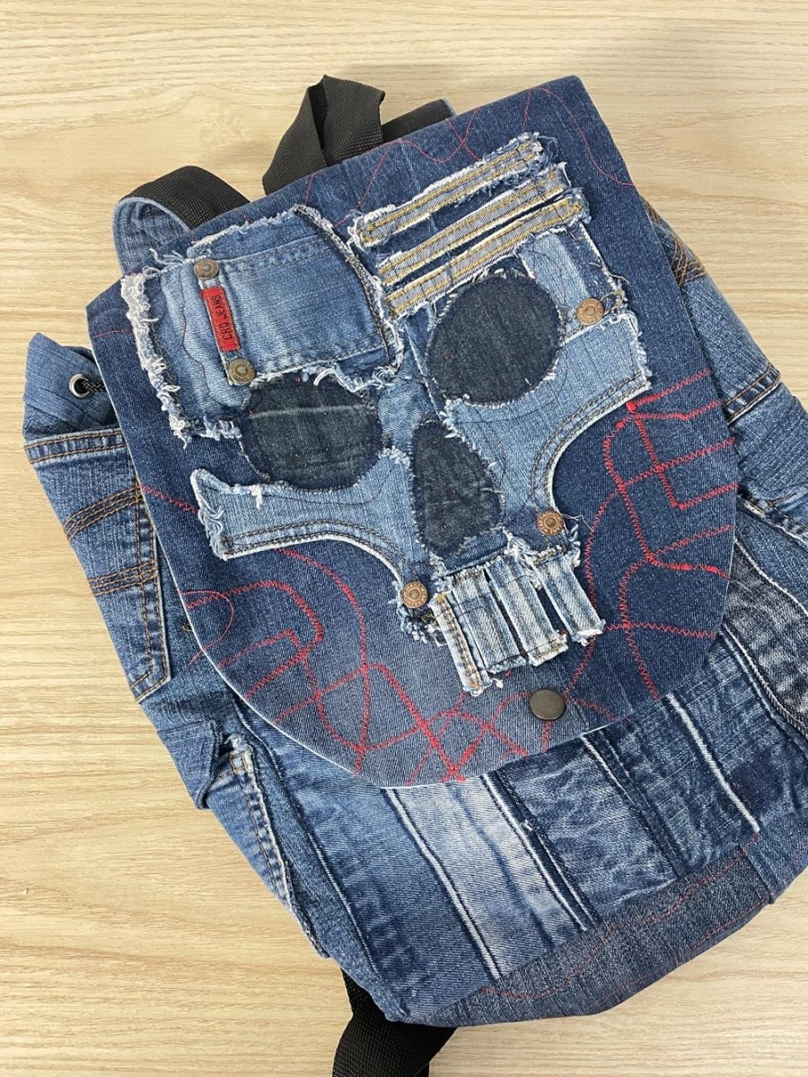 denim skull patchwork backpack - good market thrift store