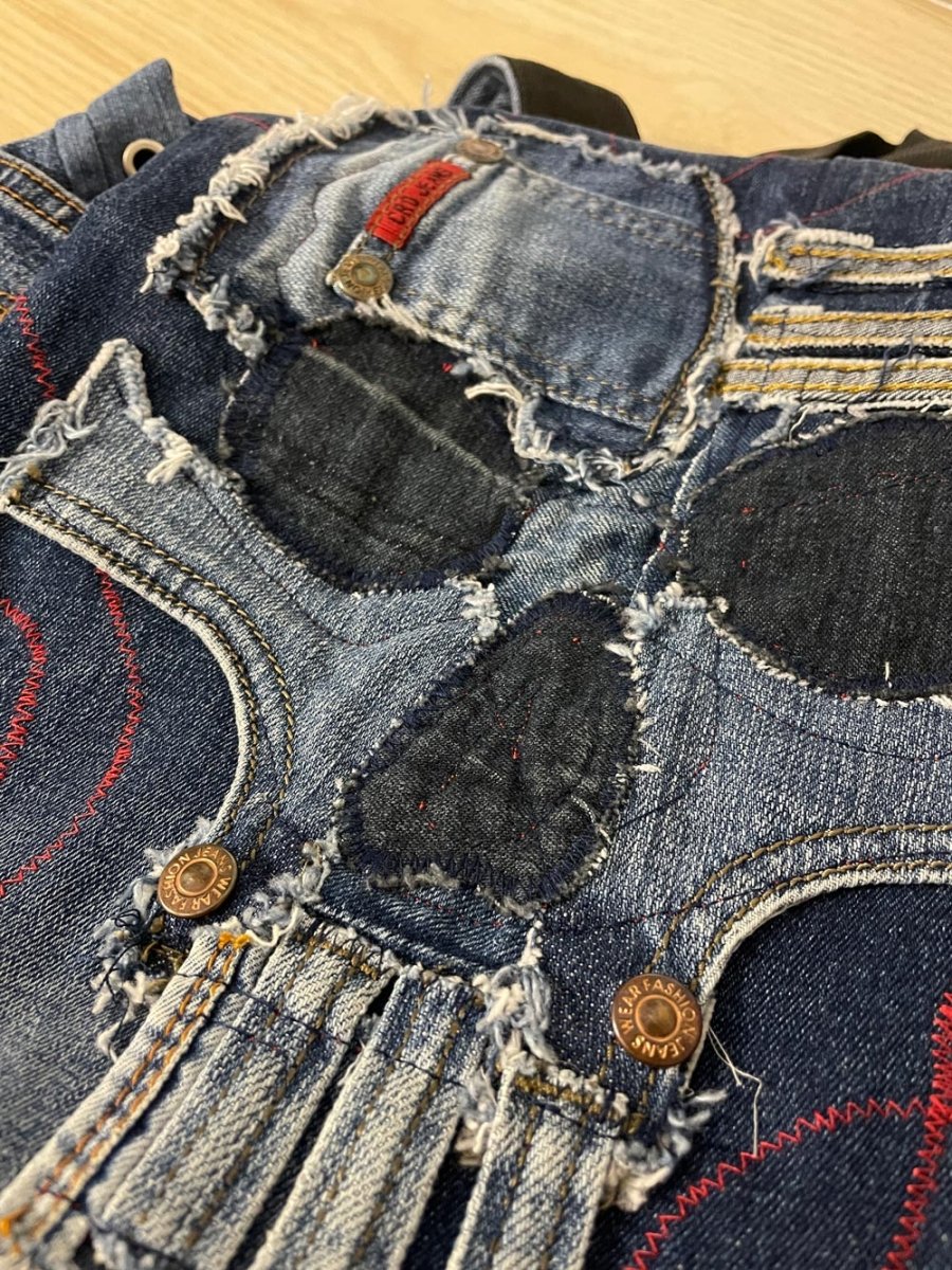 denim skull patchwork backpack - good market thrift store