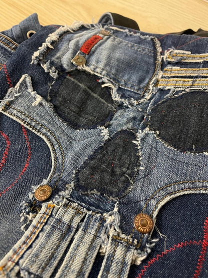 denim skull patchwork backpack - good market thrift store