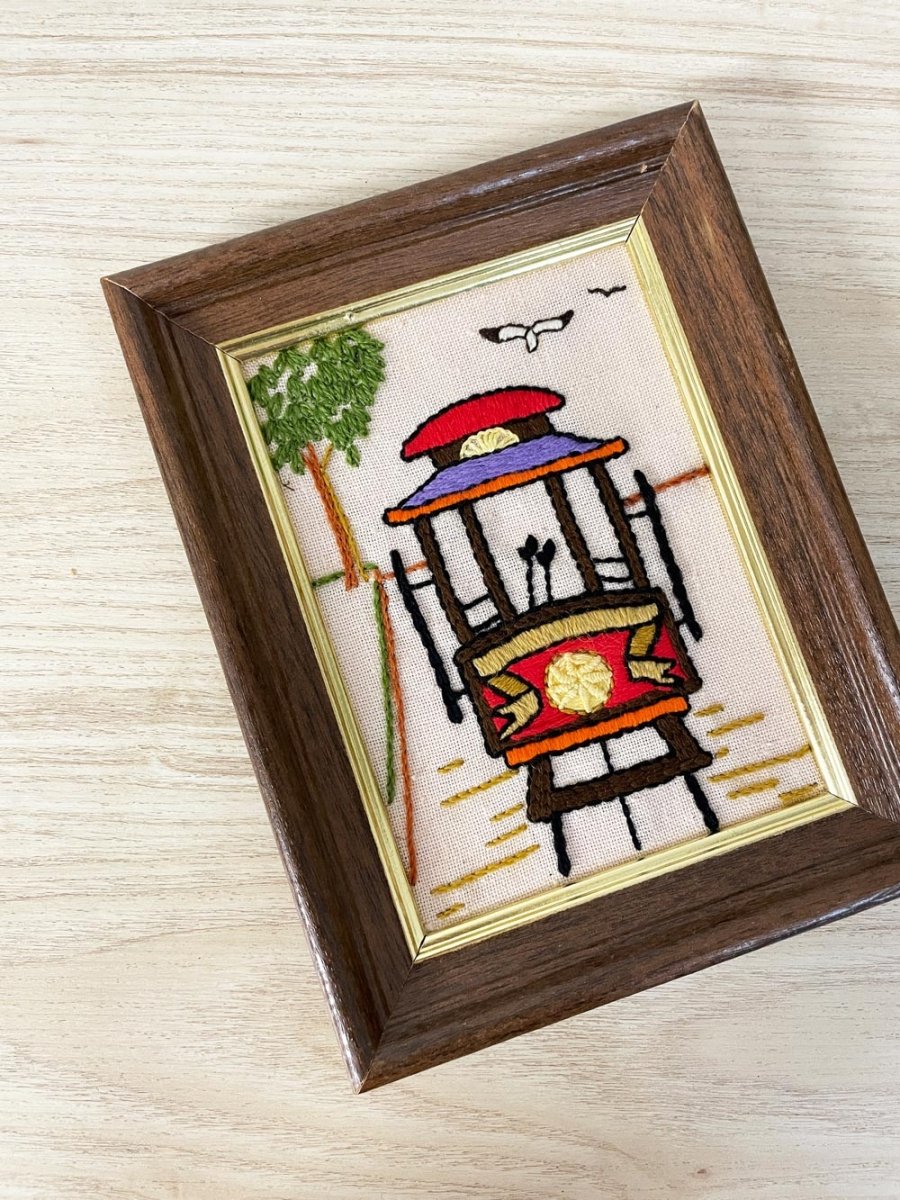 vintage san fran cable car embroidery art - good market thrift store