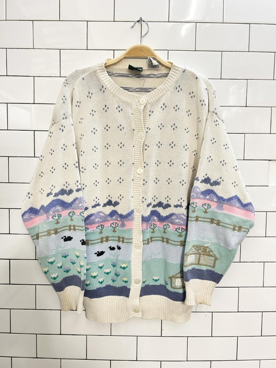 vintage 90s NR farm scene knit cardigan - good market thrift store
