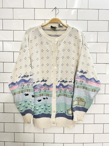 vintage 90s NR farm scene knit cardigan - good market thrift store