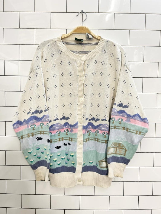 vintage 90s NR farm scene knit cardigan - good market thrift store