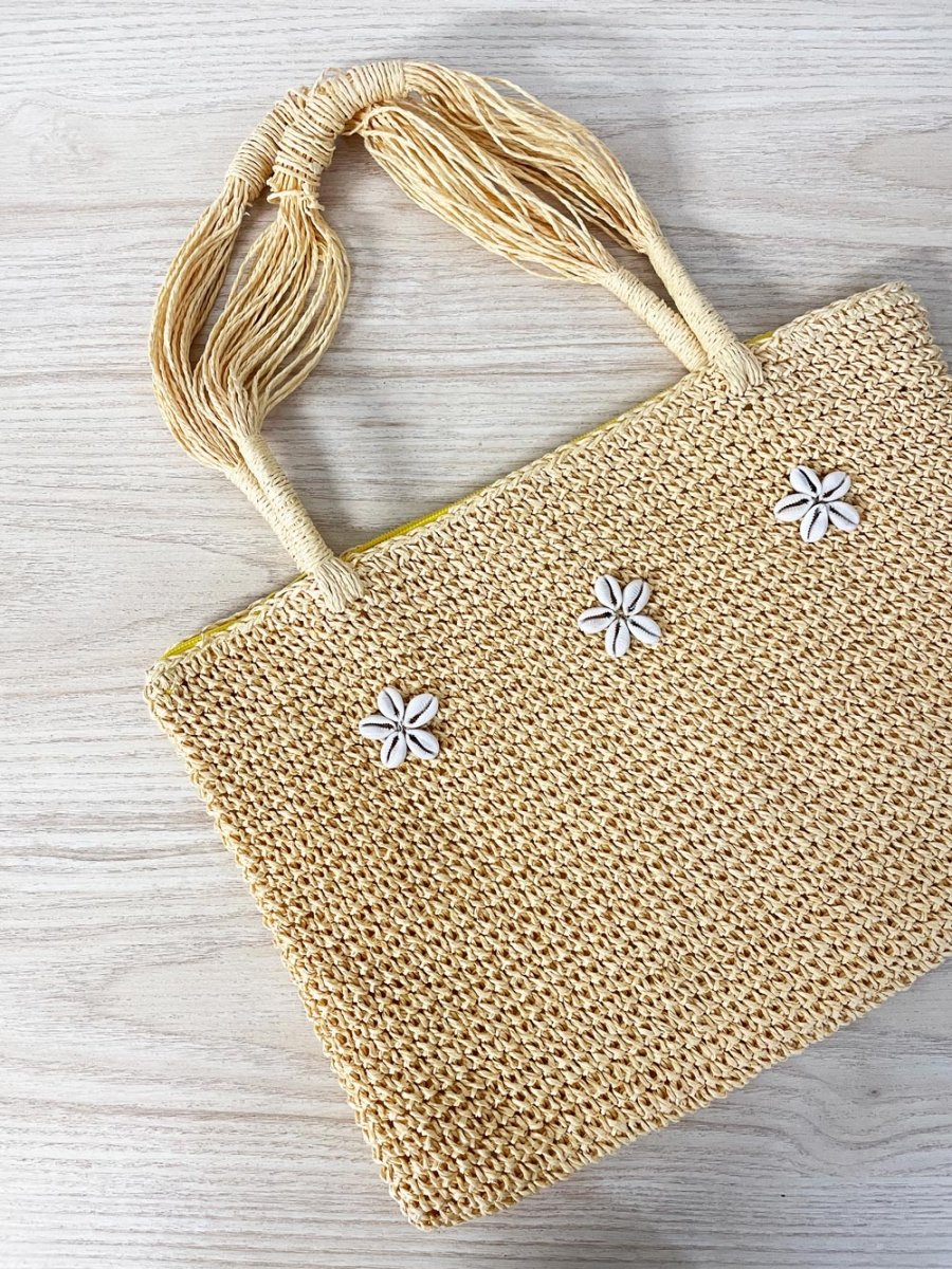 beachy shell flowers straw shoulder bag - good market thrift store