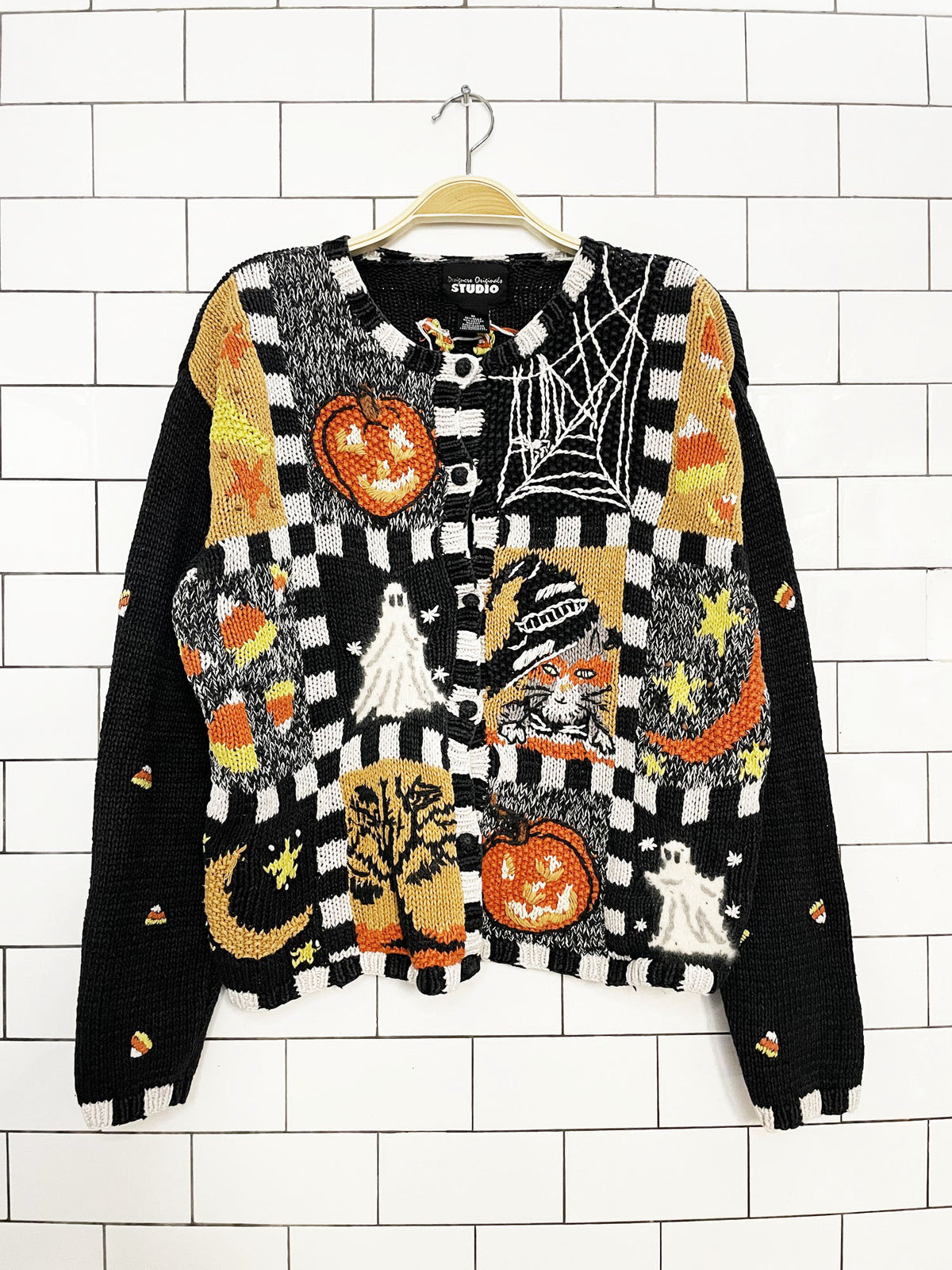 vintage designer originals studio ramie-blend halloween candy corn embroidered cardigan