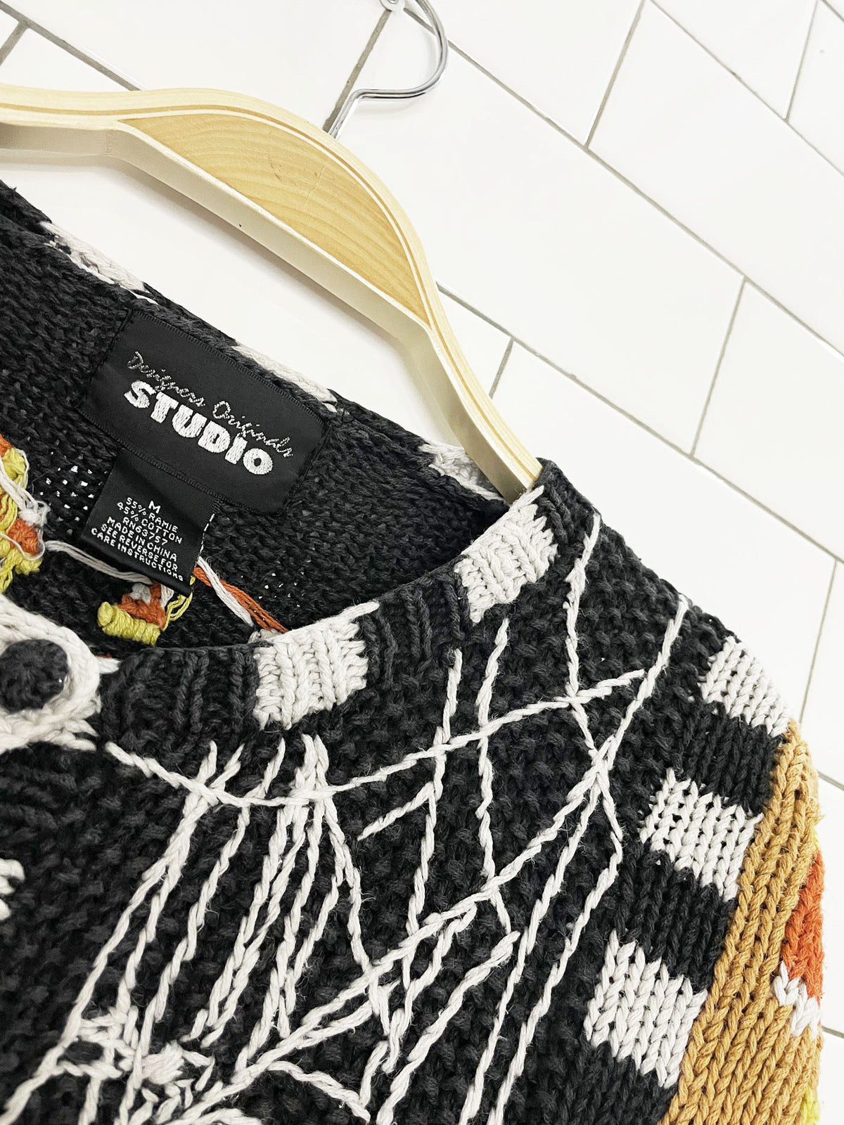 vintage designer originals studio ramie-blend halloween candy corn embroidered cardigan