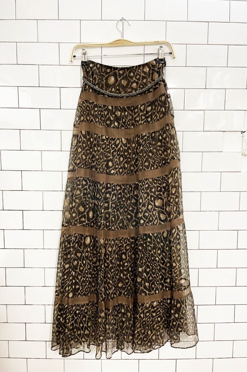 y2k laundry 100% silk boho chiffon tiered animal print maxi skirt | shelli segal - good market thrift store