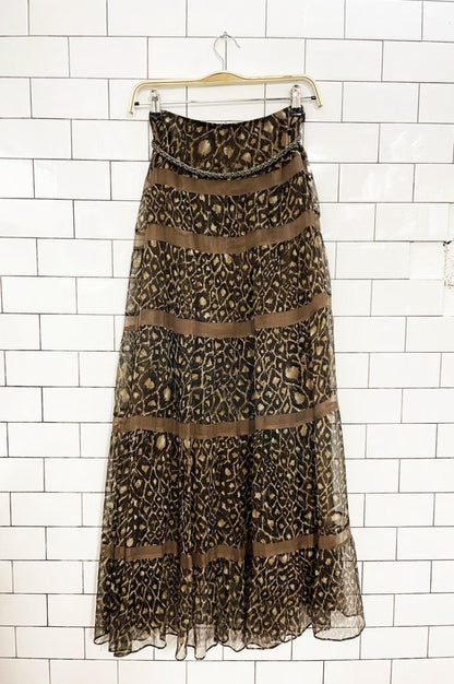 y2k laundry 100% silk boho chiffon tiered animal print maxi skirt | shelli segal - good market thrift store