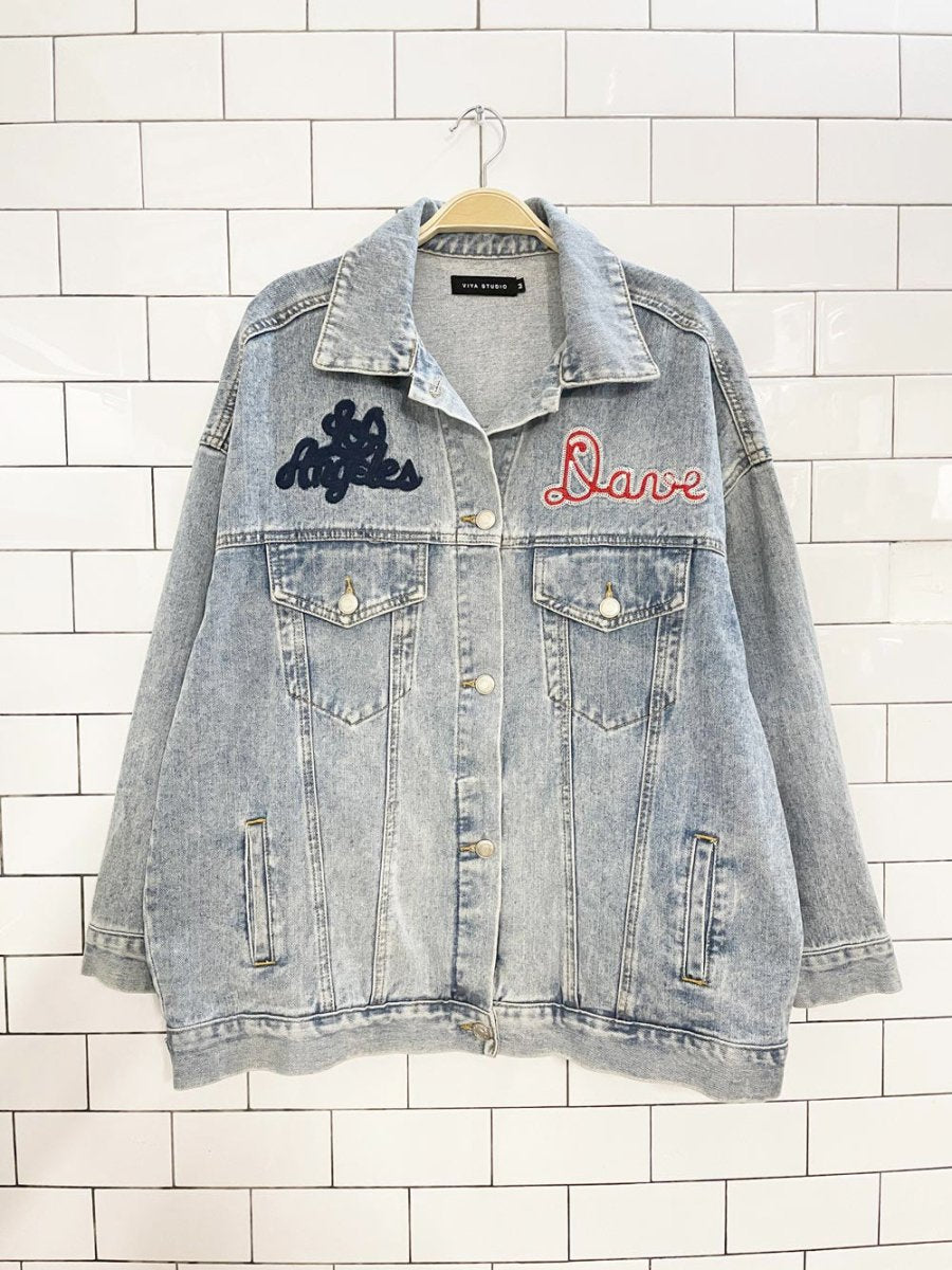 viya studio los angeles jokers oversized denim jacket - good market thrift store