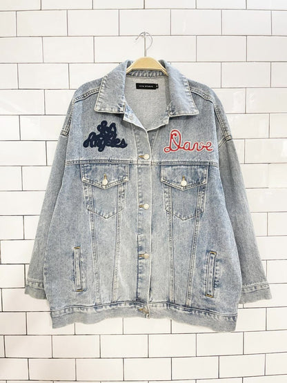 viya studio los angeles jokers oversized denim jacket - good market thrift store