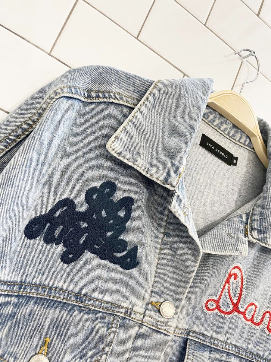 viya studio los angeles jokers oversized denim jacket - good market thrift store