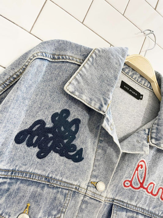 viya studio los angeles jokers oversized denim jacket - good market thrift store