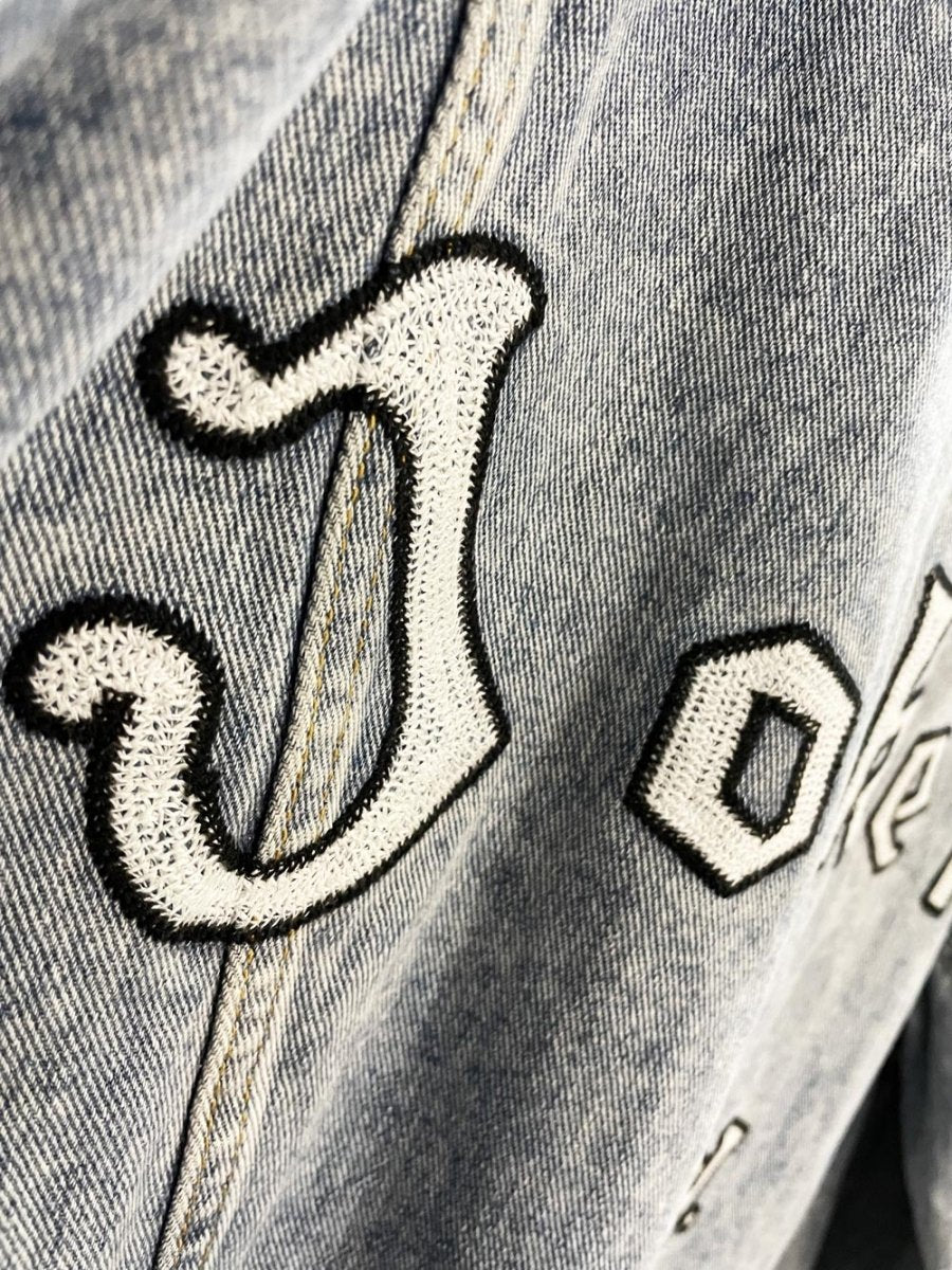 viya studio los angeles jokers oversized denim jacket - good market thrift store