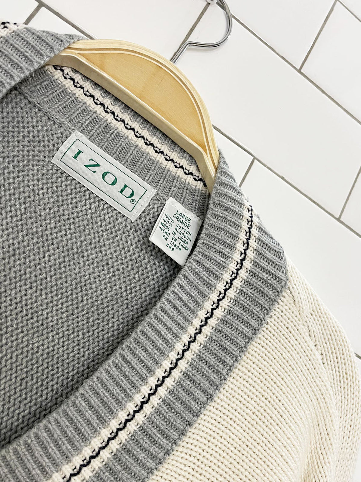 vintage izod crested stripe v-neck tennis prep knit sweater