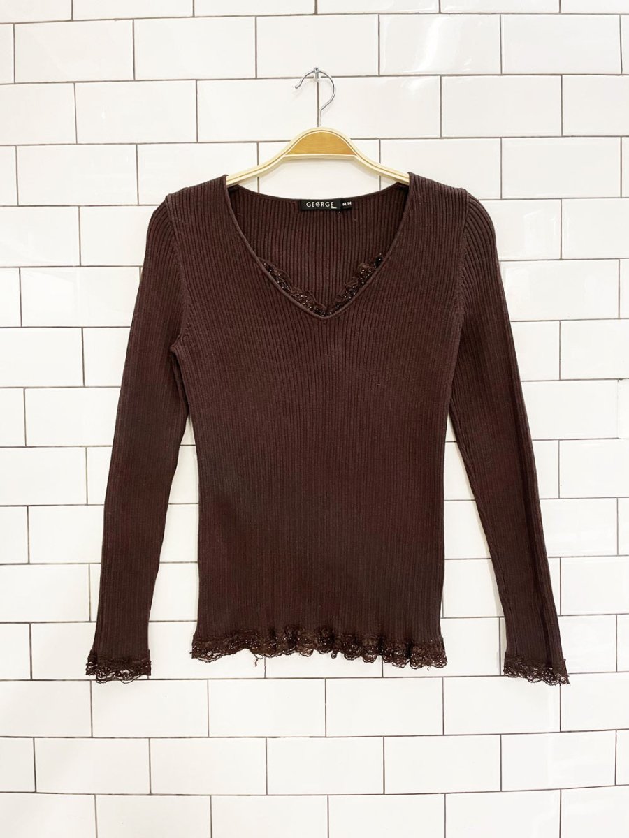 y2k george lace trim ribbed long sleeve top - good market thrift store